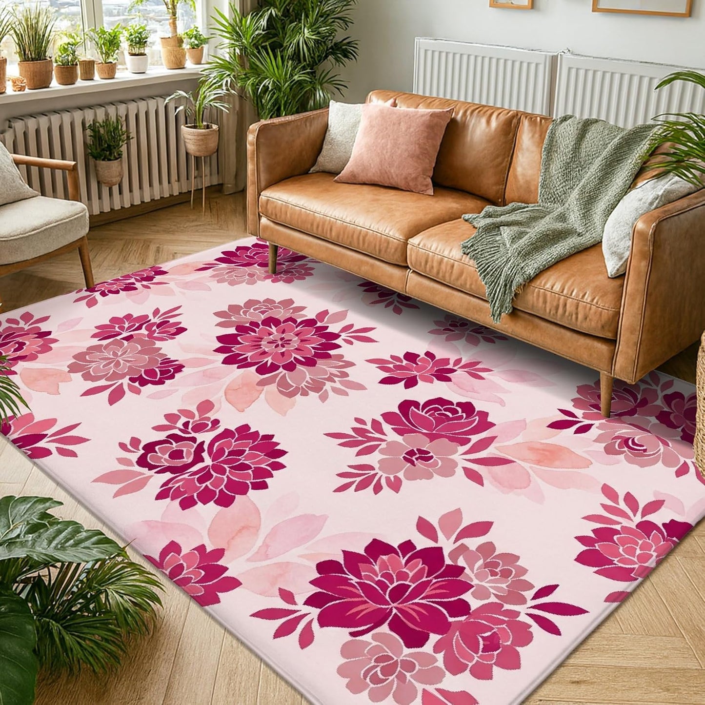 Flower Area Rug, Floral Modern Leaf Petal Spring Peach Low Pile Sponge Aesthetic Rectangle Home Floor Carpet Rugs for Living Room Bedroom Under Table Dining Decor 5' X 7'