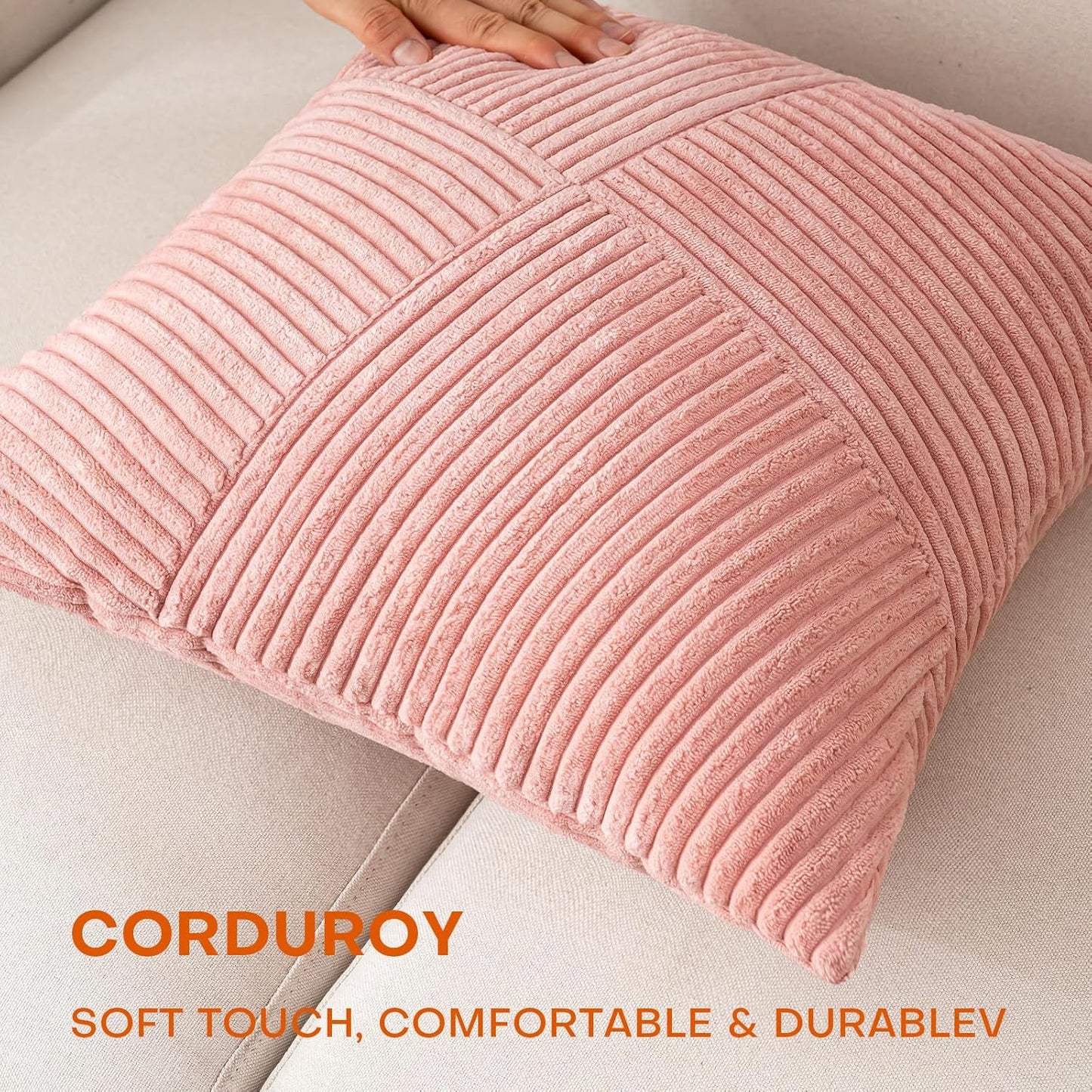 Decorative Throw Pillow Covers20x20 Inch Set of 2 for Boho Living Room Farmhouse Home Decor, Spring Pillow Covers for Couch Bed, Soft Corduroy Striped Patchwork Cushion Cases, Blush Pink