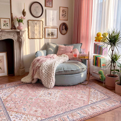 8x10 Area Rugs for Living Room, Machine Washable Low Pile Rug, Non Slip Backing Boho Rugs for Bedroom, Printed Soft Vintage Carpet Peach Pink 8 x 10