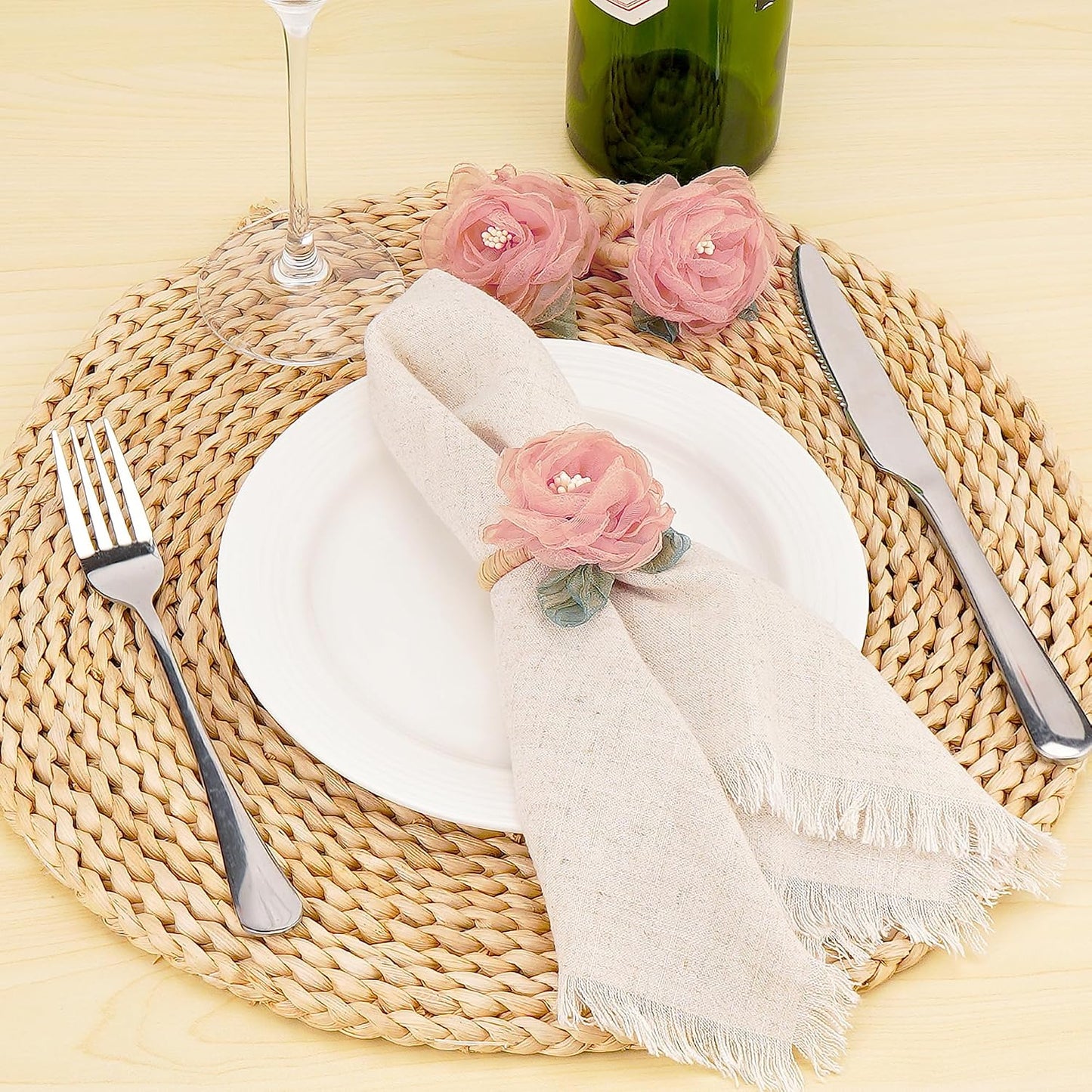 Handcrafted Flower Napkin Rings Set of 6 – Romantic Pink Tulle Rose Napkin Holders for Wedding Table Decor, Tea Parties, Brunches, Holiday Dining Decorations