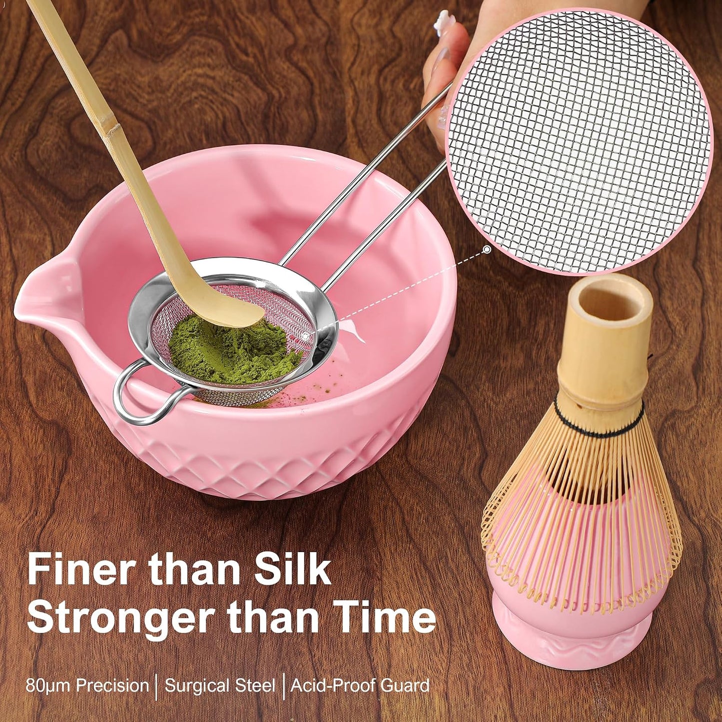 Doasuwish Matcha Whisk Set, 7 Pcs Ceramic Kit, Includes Matcha Bowl with Spout, Matcha Whisk and Holder, Bamboo Scoop, Scoop Rest, Sifter and Tea Towel (Cherry Blossom Pink)