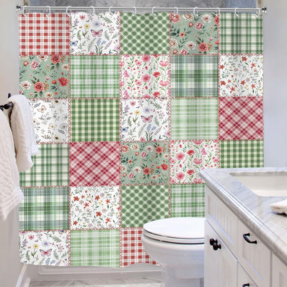 Riyidecor Long Cute Plaid Floral Shower Curtain for Bathroom Decor 72Wx78H Green Boho Flower Pink Retro Patchwork Wildflowers Checkered Art Printed Fabric Polyester Waterproof 12 Pack Plastic Hooks