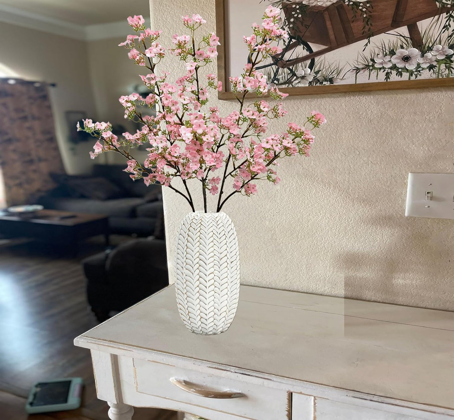 3Pcs Cherry Blossom Branches Pink Artificial Flowers for Spring Summer Indoor Decoration Faux Cherry Blossom Long Stems Silk Fake Flowers for Tall Vase Arrangements Home Wedding Party Table