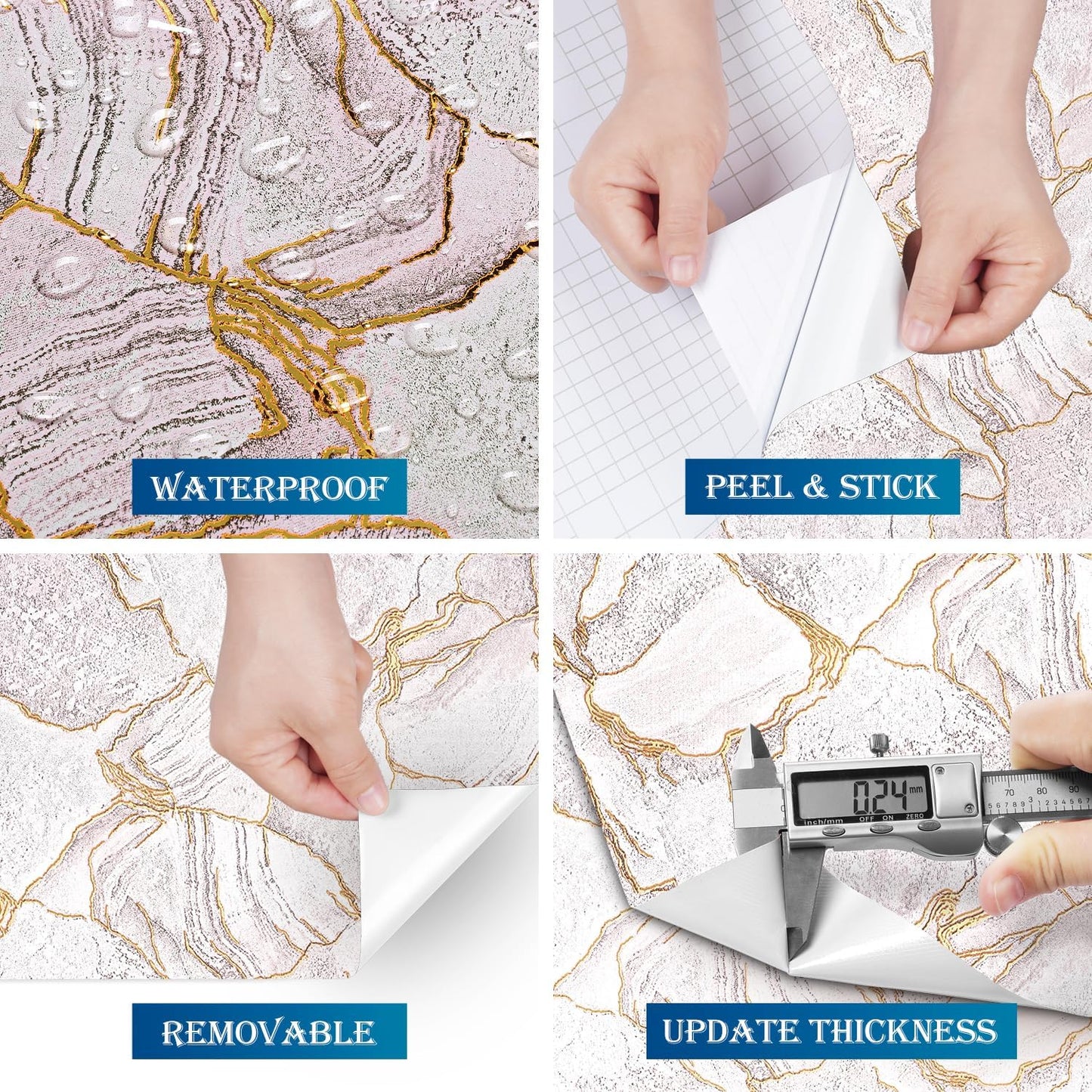 FunStick Gold Pink Marble Countertop Contact Paper Waterproof Marble Contact Paper for Countertops Cabinets Self Adhesive Marble Wallpaper Peel and Stick Countertops for Kitchen Bathroom Desk 16"x80"