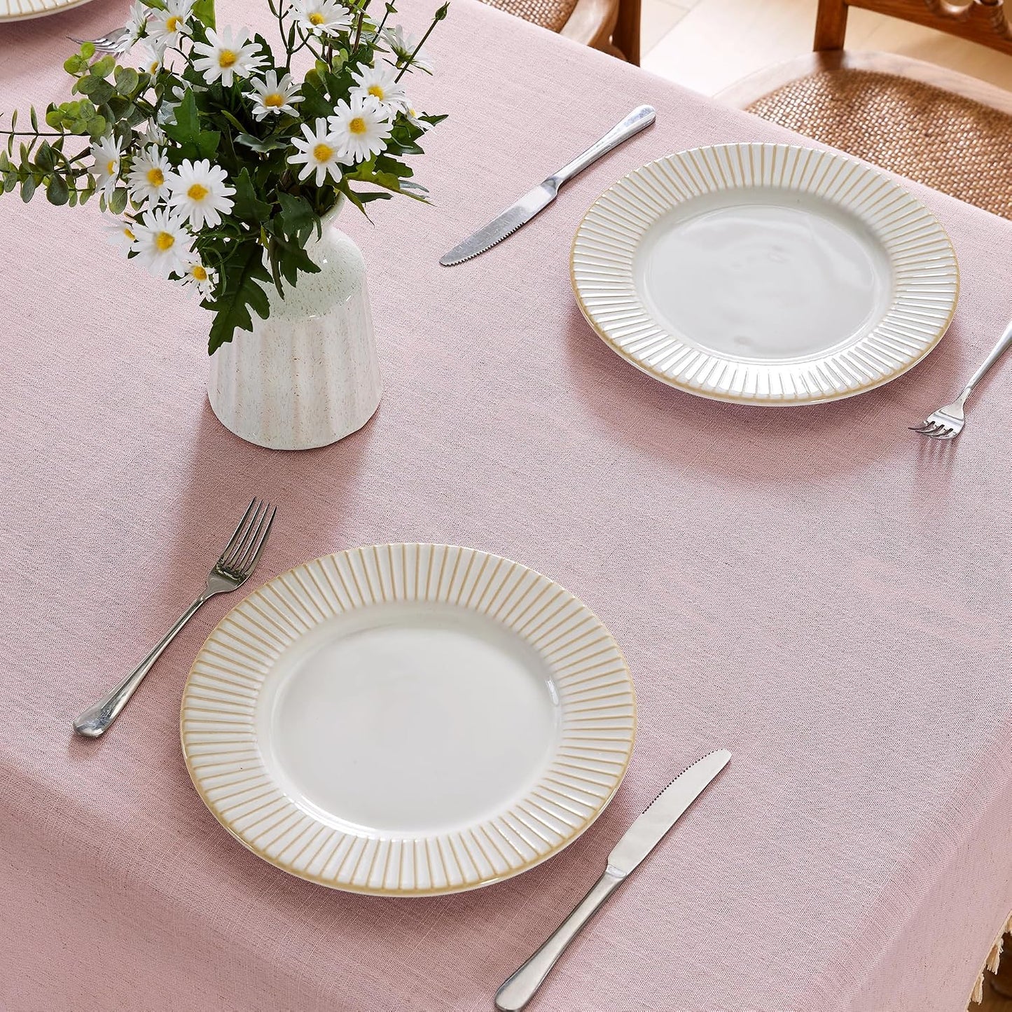 JIALE Valentines Textured Tablecloth, Heavy Duty Linen Style Farmhouse Table Cloth Rectangle Tables, Wrinkle-Free Washable Waterproof Table Cover for Kitchen, Dining, Parties, 55"x75", Pink