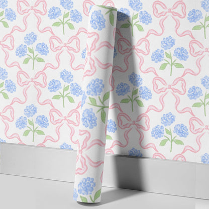 Peel & Stick Wallpaper 17.7''x118.1'' - Simple Grid Bow- Floral Delicate Pastel Flowers Feminine Hydrangea Blue Pink White Home Decor Removable Wallpaper