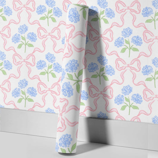 Peel & Stick Wallpaper 17.7''x118.1'' - Simple Grid Bow- Floral Delicate Pastel Flowers Feminine Hydrangea Blue Pink White Home Decor Removable Wallpaper