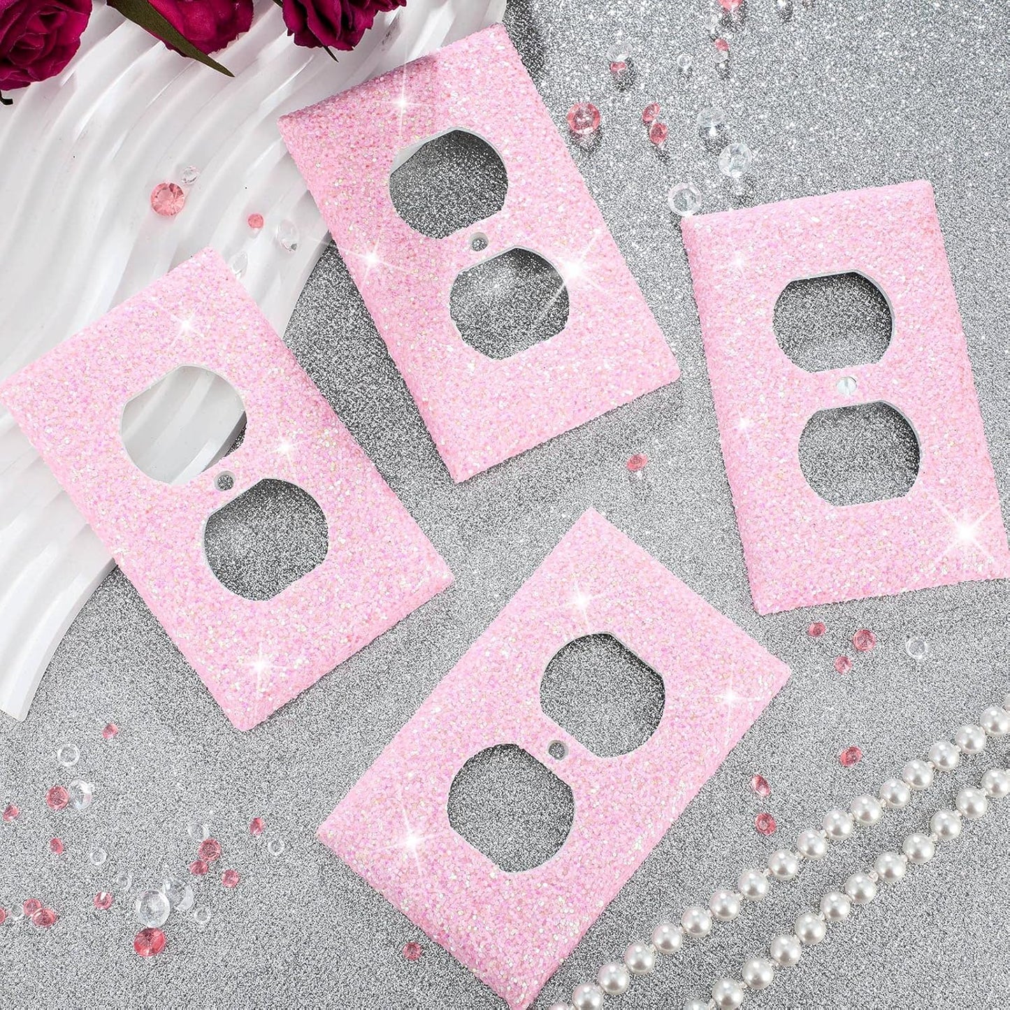 Yexiya 4 Pcs Pink Glitter Light Switch Covers Preppy Room Decor, Cute Bling Outlet Wall Plate Covers for Nursery Women Teens Princess Theme Room Decor