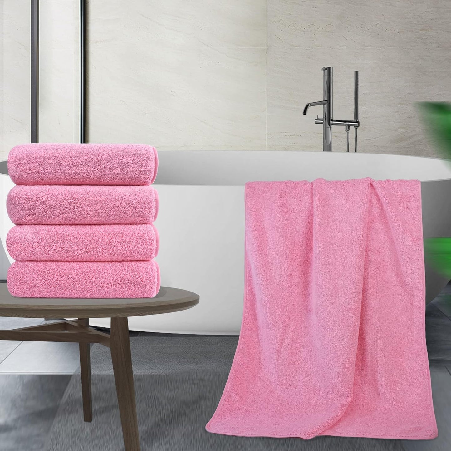 POLYTE Microfiber Quick Dry Lint Free Bath Towel, 57 x 30 in, Pack of 4 (Pink)