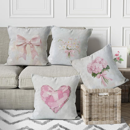 Pastel Pink Bow Hydrangea 18x18 Pillow Covers Set of 4, Coquette Preppy Room Decor, Pink Hydrangea Flower Heart Decorative Throw Pillow Covers for Girls Bedroom Dorm Apartment Home