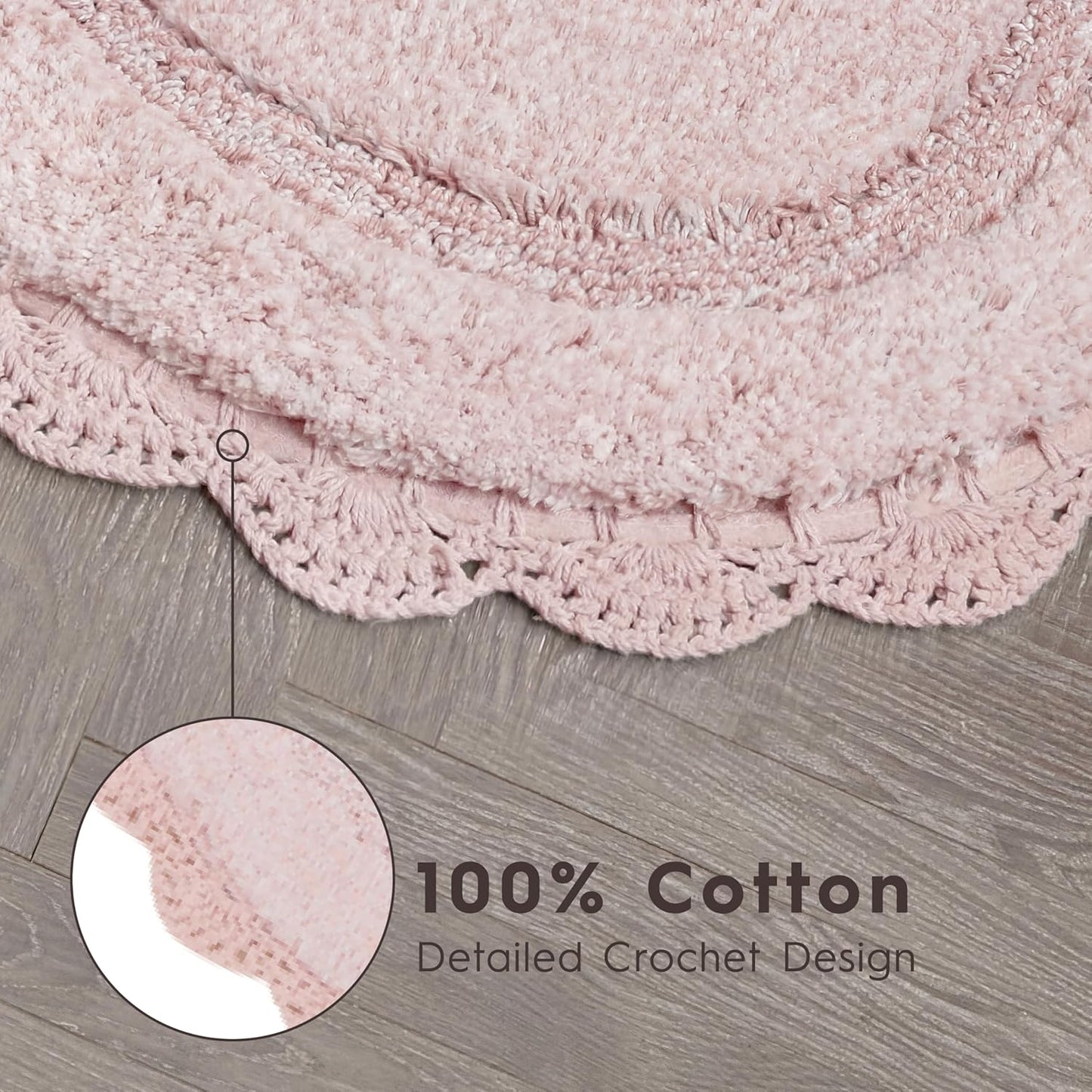 Laura Ashley Eloise 100% Cotton Oval Bath Mat with Crochet Border, Soft & Absorbent, Light Pink 21" x 34" Bathroom Rug