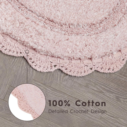 Laura Ashley Eloise 100% Cotton Oval Bath Mat with Crochet Border, Soft & Absorbent, Light Pink 21" x 34" Bathroom Rug