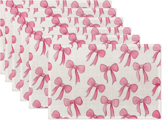 Pink Cute Bow Placemats Set of 6,Dinner Table Mats Non-Slip Washable Mats for Kitchen Dinner Party Tablemat 12x18Inch