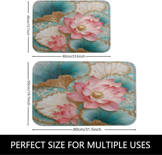 Water Lily Floral Quick Dry Bath Mat, Peach Flower and Leaf Design Non Slip Shower Mat, Memory Foam Washable Bath Rugs for Bathroom 20x32 Inch