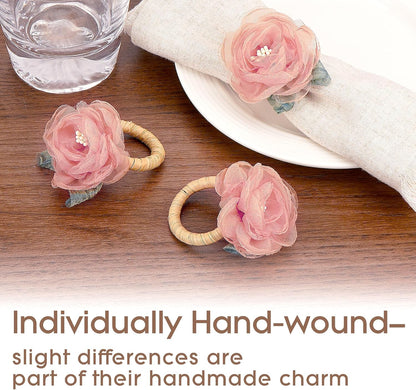 Handcrafted Flower Napkin Rings Set of 6 – Romantic Pink Tulle Rose Napkin Holders for Wedding Table Decor, Tea Parties, Brunches, Holiday Dining Decorations