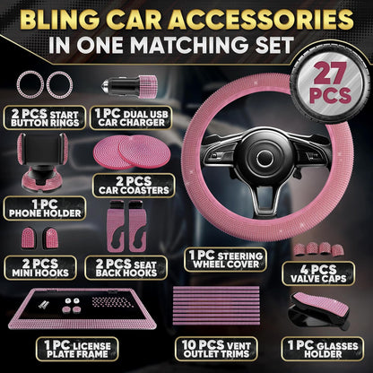Pink Car Accessories Set, 27 Pieces – Bling Car Accessories for Interior Styling with Rhinestone Details for Daily Use, Universal Fit Kit for Steering Wheel, Vents, Mirror Area, Great Gift for Women