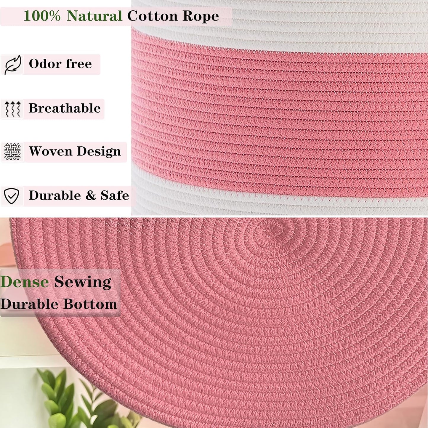 80L Extra Large Pink Hamper Tall Laundry Basket for Girls Kids Nursery Hamper for Baby Woven Cotton Rope Laundry Basket for Little Girls Room Bedroom, 16x22 Inches