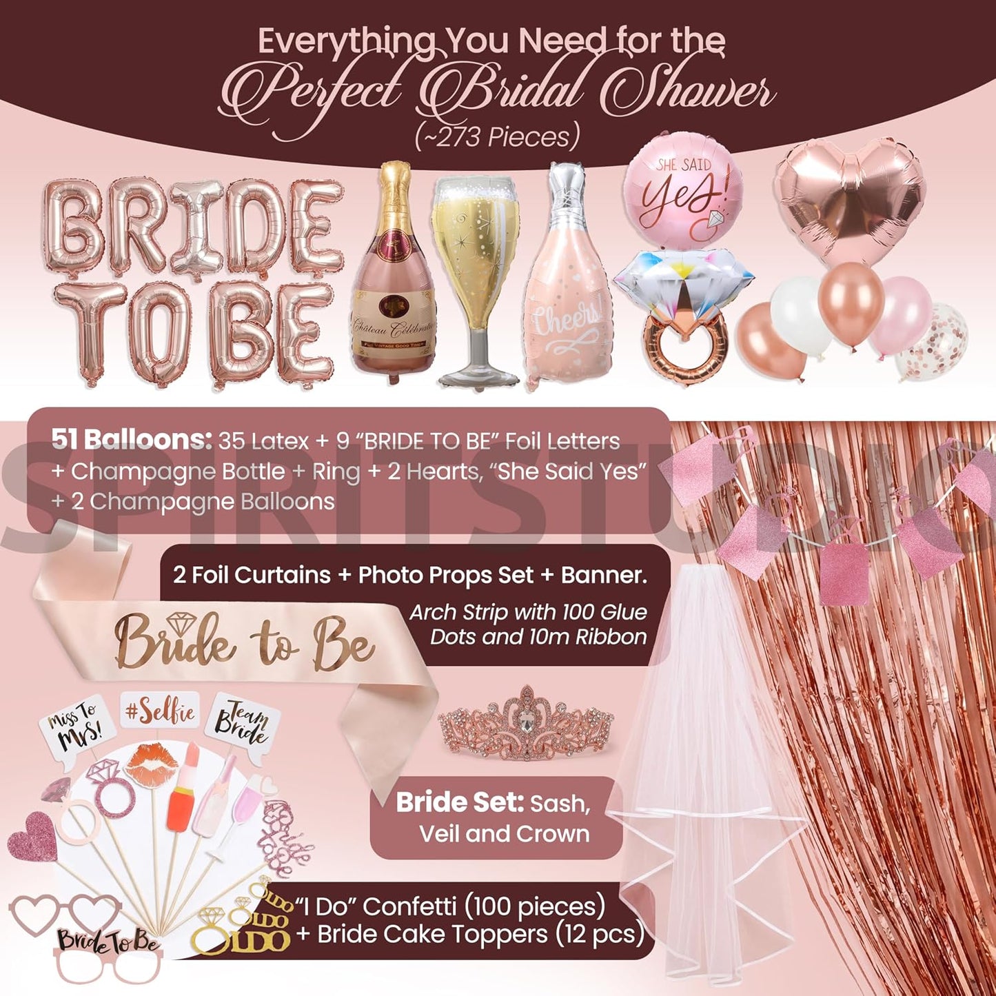 Rose Gold Bridal Shower Decorations, 273-Piece Pink Bachelorette Party Decorations with Bride to Be Banner, Confetti Balloons, Bride Sash, Veil, Fringe Curtain ,Cake Toppers & Photo Props