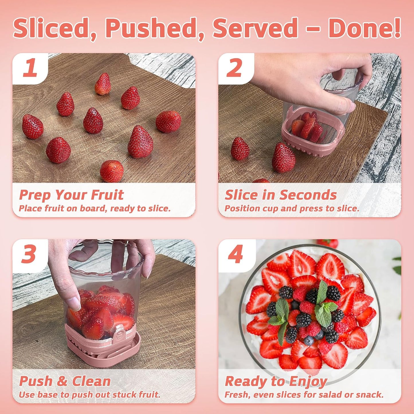 Strawberry Slicer Cup with Push Plate, Fruit Cutter Kitchen Gadget for Egg, Kiwi, Banana, Cucumber, Easy Fruit & Vegetable Slicer, Strawberry Cutter Tool for Quick Safe Cutting (Pink)