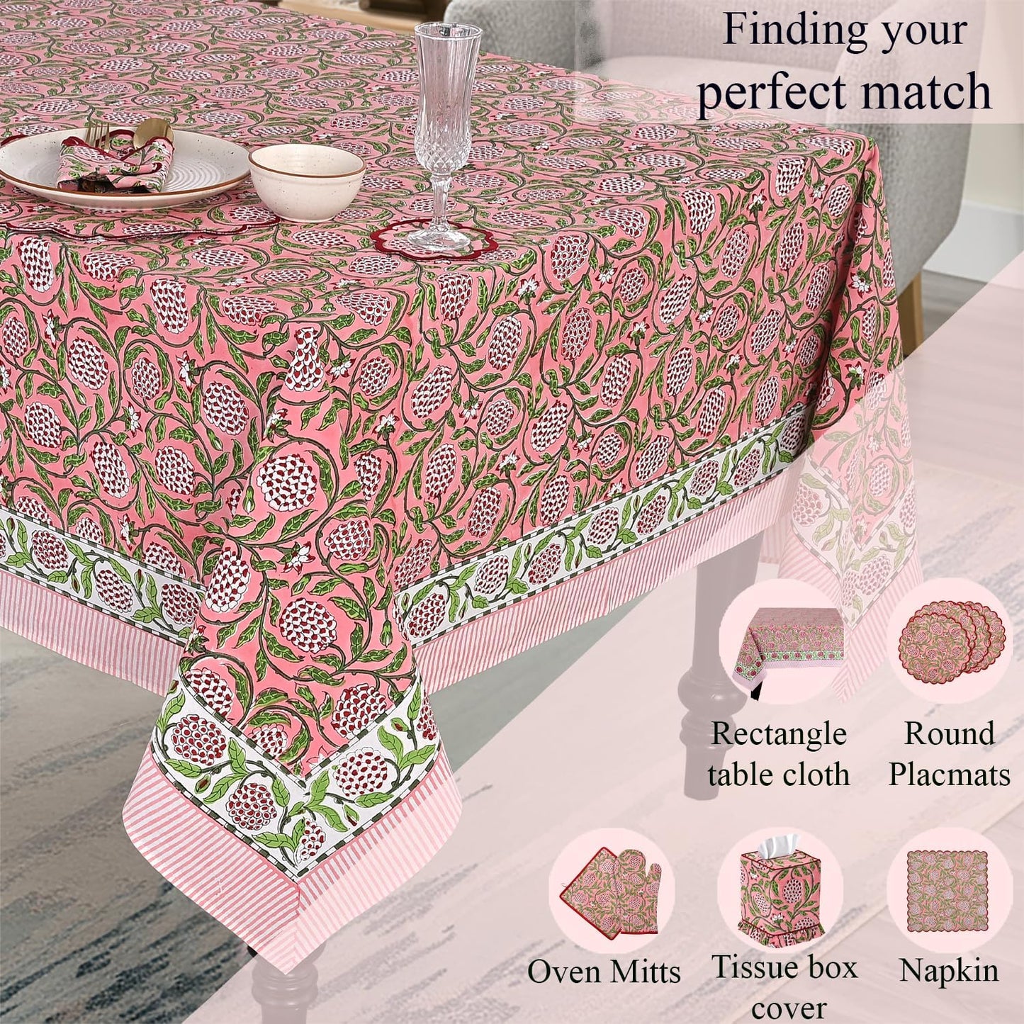Ridhi Strawberry Pink Hand Block Print Cotton Rectangle Tablecloth 90" x 60" inches Reusable Table Cover Decorative Everyday Use for Dining Room, Farmhouse, Home Gift for Spring, Mother's Day