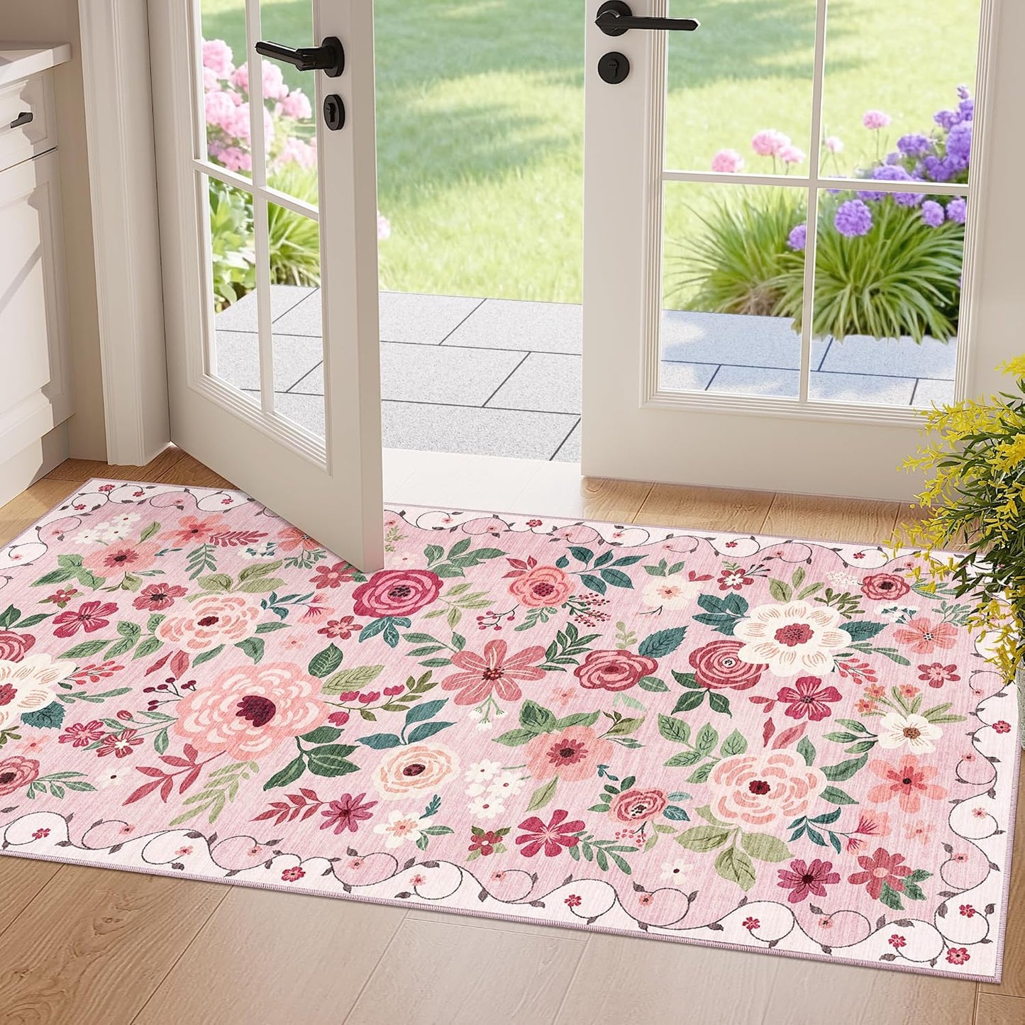 DUKINO 2x4 Rug for Entryway, Washable Kitchen Floral Runner Rug with Non Slip Backing, Low Pile Soft Boho Carpet for Kitchen, Hallway, Entryway, Laundry, Bedroom, Pink