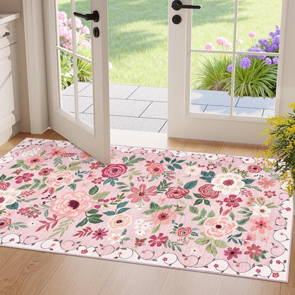 DUKINO 2x4 Rug for Entryway, Washable Kitchen Floral Runner Rug with Non Slip Backing, Low Pile Soft Boho Carpet for Kitchen, Hallway, Entryway, Laundry, Bedroom, Pink