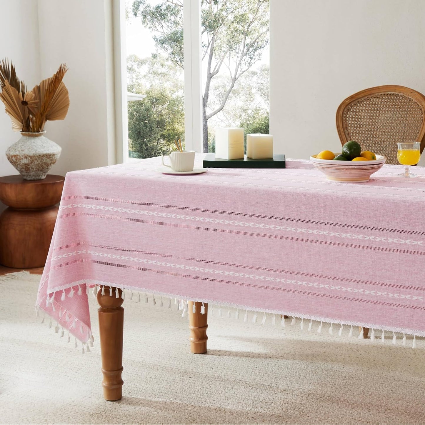 ZeeMart Hemstitched Embroidery Striped Boho Tablecloth 60x84 Inch Pink, Heavy Weight Farmhouse Burlap Linen Pink Tablecloth, Wrinkle Resistant Washable Table Cloth for Rectangle Table
