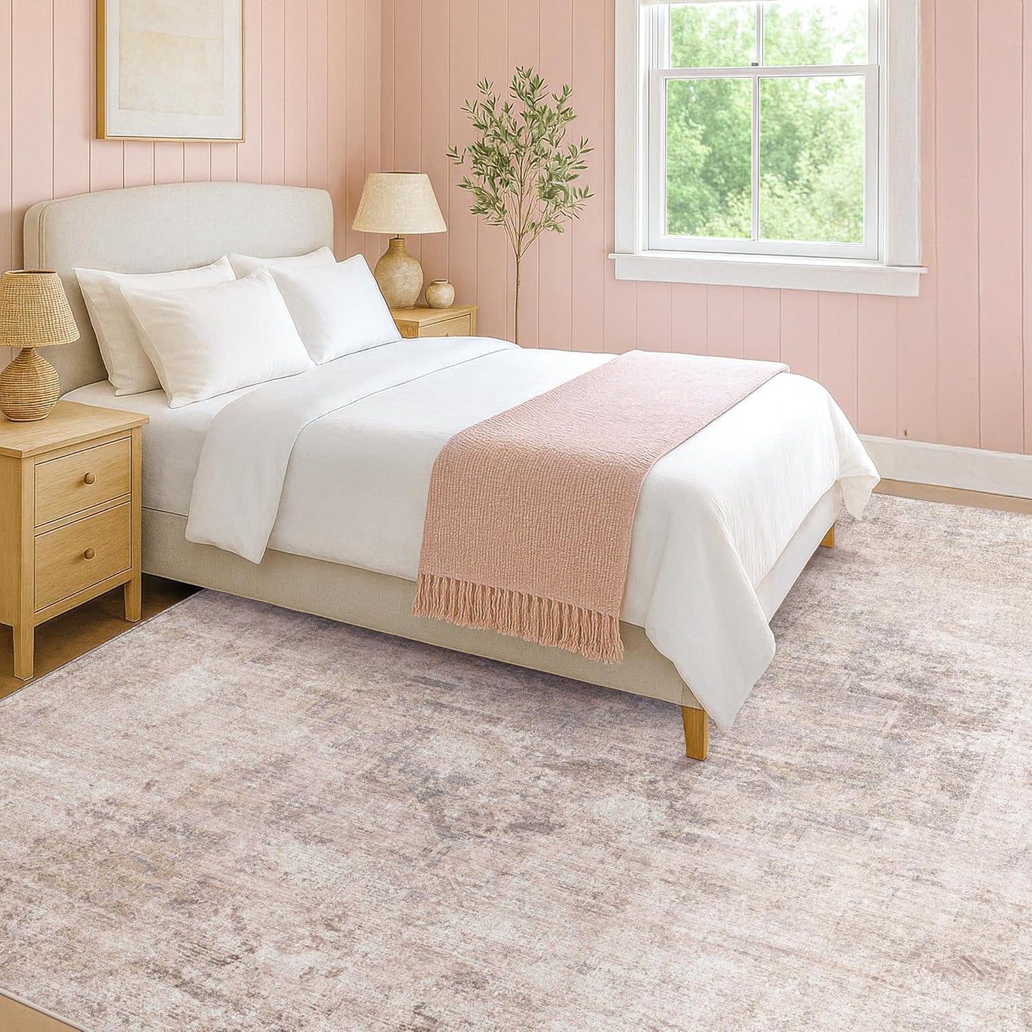 Hazo Haus Modern Washable Bedroom Area Rug 5x8, Abstract Rugs for Living Room, Dining Room, Kids Room Girls, Pink and Grey Distressed Medallion Pattern, Non Slip Low Pile Stain Resistent