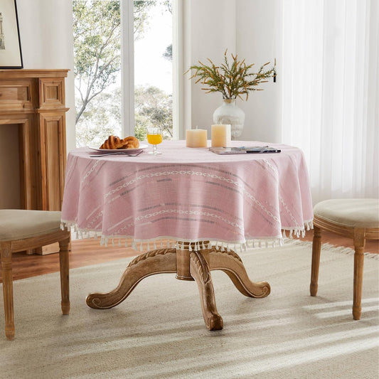 ZeeMart Hemstitched Embroidery Striped Boho Tablecloth 54 Inch Round Pink, Heavy Weight Farmhouse Burlap Linen Pink Tablecloth, Wrinkle Resistant Washable Table Cloth for Round Table