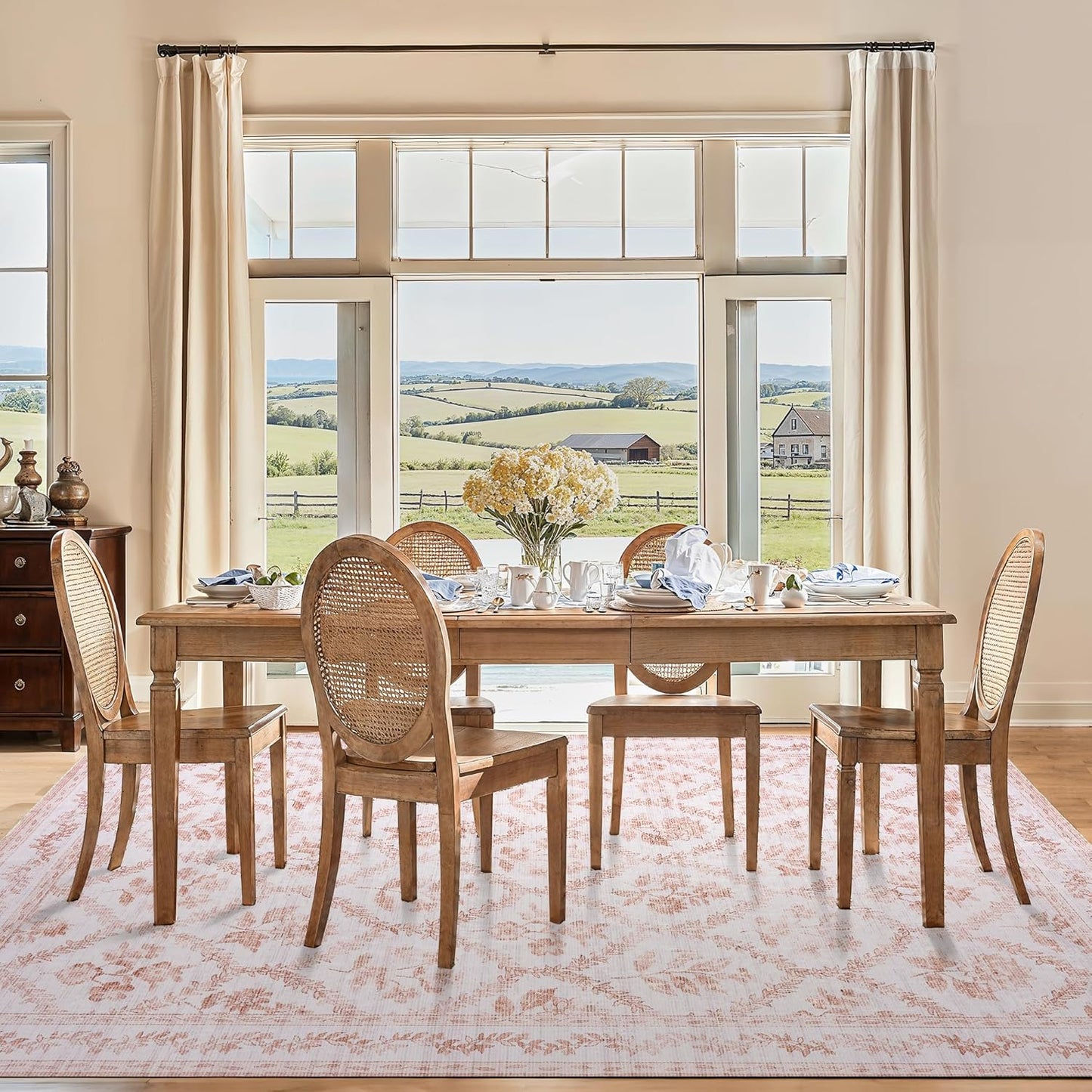 Pink Rugs for Bedroom Boho Light Blush Pink Floral Area Rugs Nursery for Baby Girl, Cute Foldable Machine Washable Distressed Carpet for Living Room Bedroom Dorm Kids Playroom 5x7