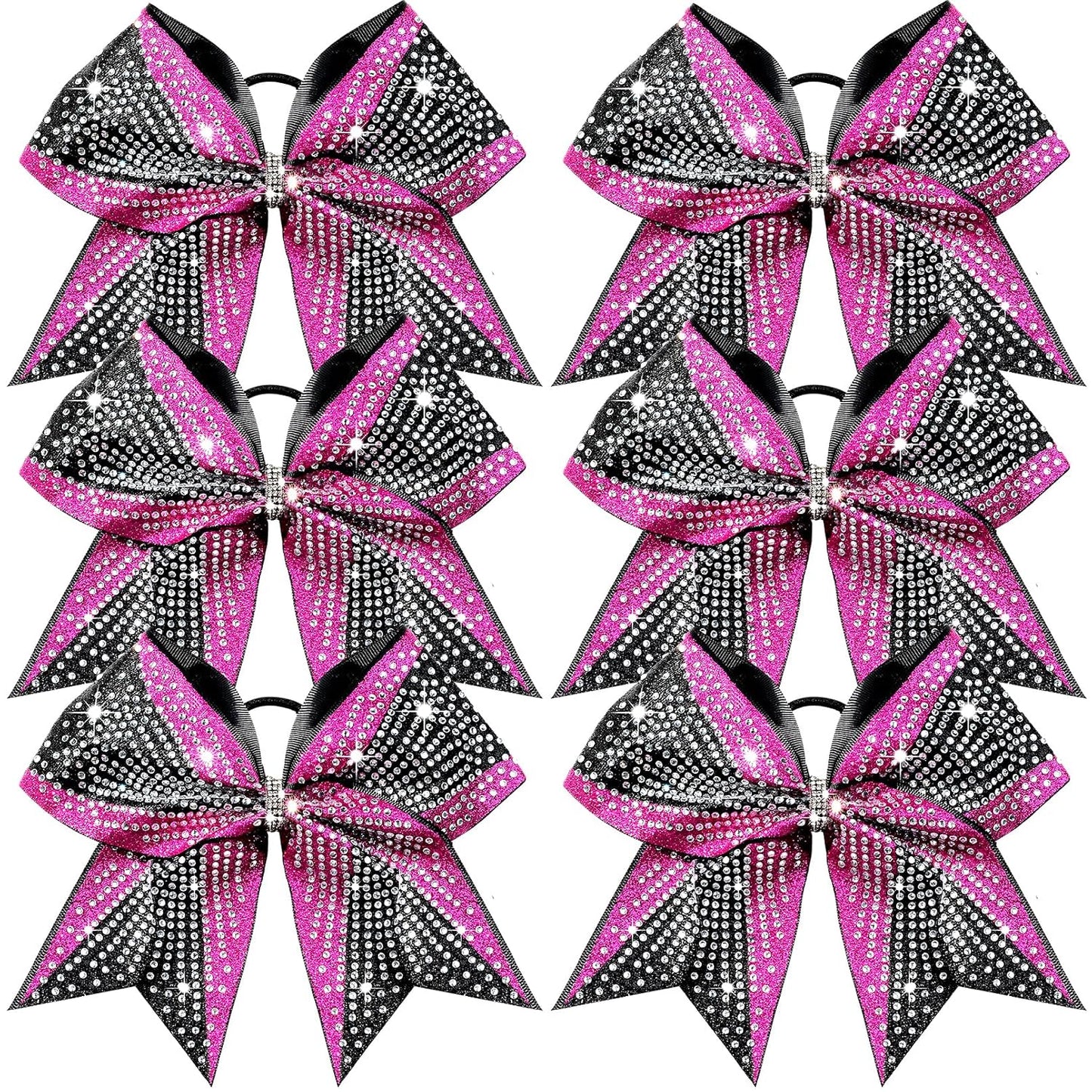 DEEKA 6PCS 8" Large Glitter Pink and Black Cheer Bows Two Toned Rhinestones Stiff Cheer Hair Bows Elastic Band Competition Bows for Cheerleader Team Girls Sports -Pink/Black