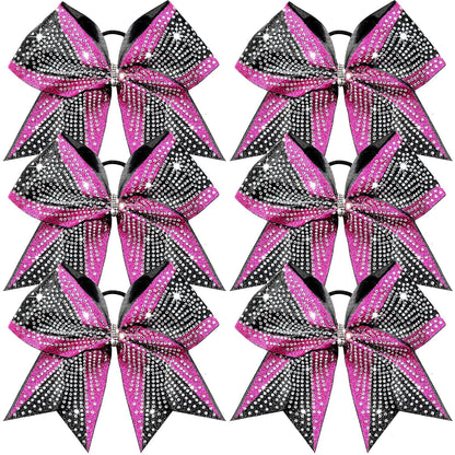 DEEKA 6PCS 8" Large Glitter Pink and Black Cheer Bows Two Toned Rhinestones Stiff Cheer Hair Bows Elastic Band Competition Bows for Cheerleader Team Girls Sports -Pink/Black