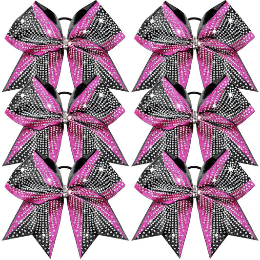 DEEKA 6PCS 8" Large Glitter Pink and Black Cheer Bows Two Toned Rhinestones Stiff Cheer Hair Bows Elastic Band Competition Bows for Cheerleader Team Girls Sports -Pink/Black