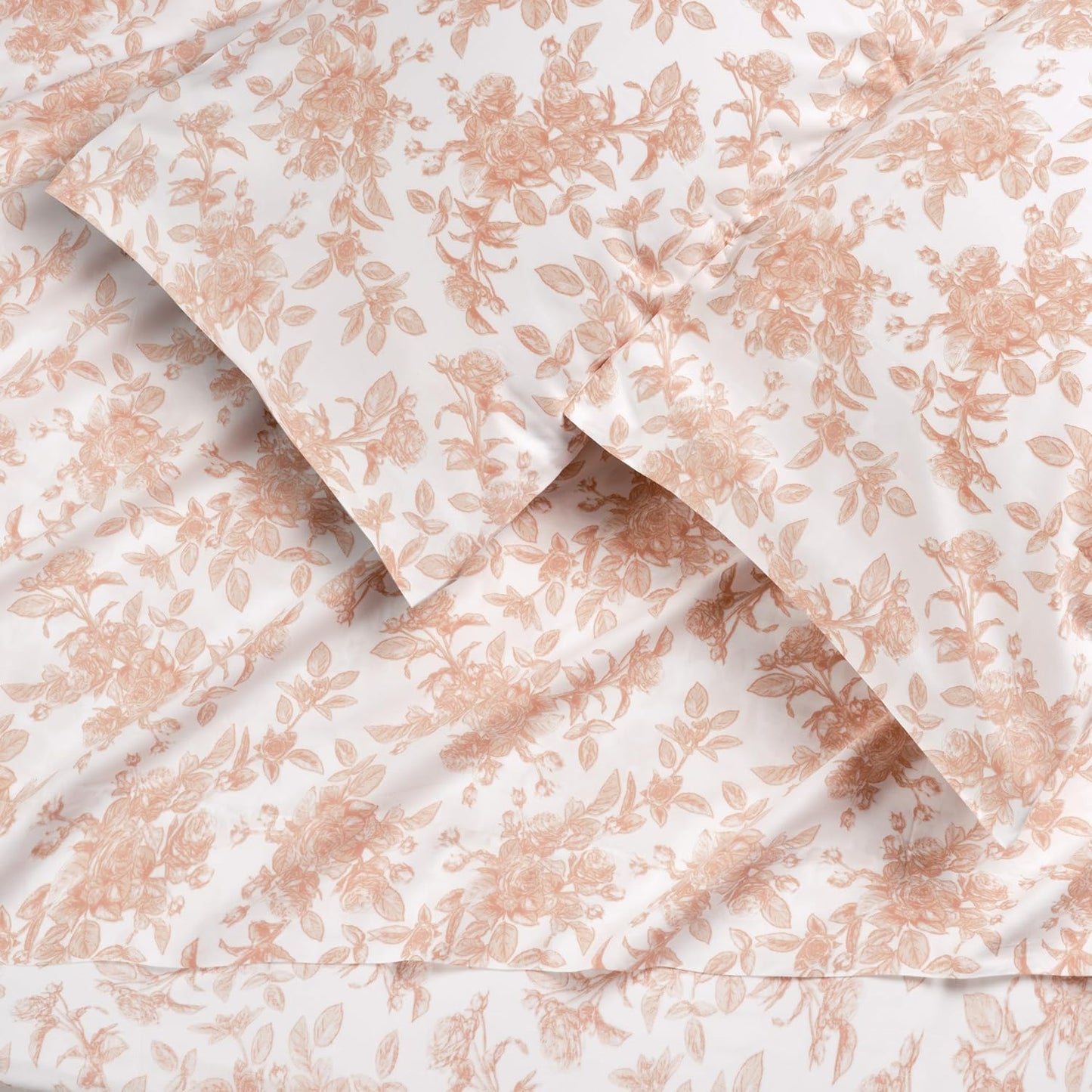 Elegant Cotton 100% Pure Organic Cotton Sheets Set Twin Size - Peach Pink Rose Floral Pattern Print Super Soft Sheet - 3 Piece Set - Fitted Sheet, Flat Sheet & Pillow Cover - Twin