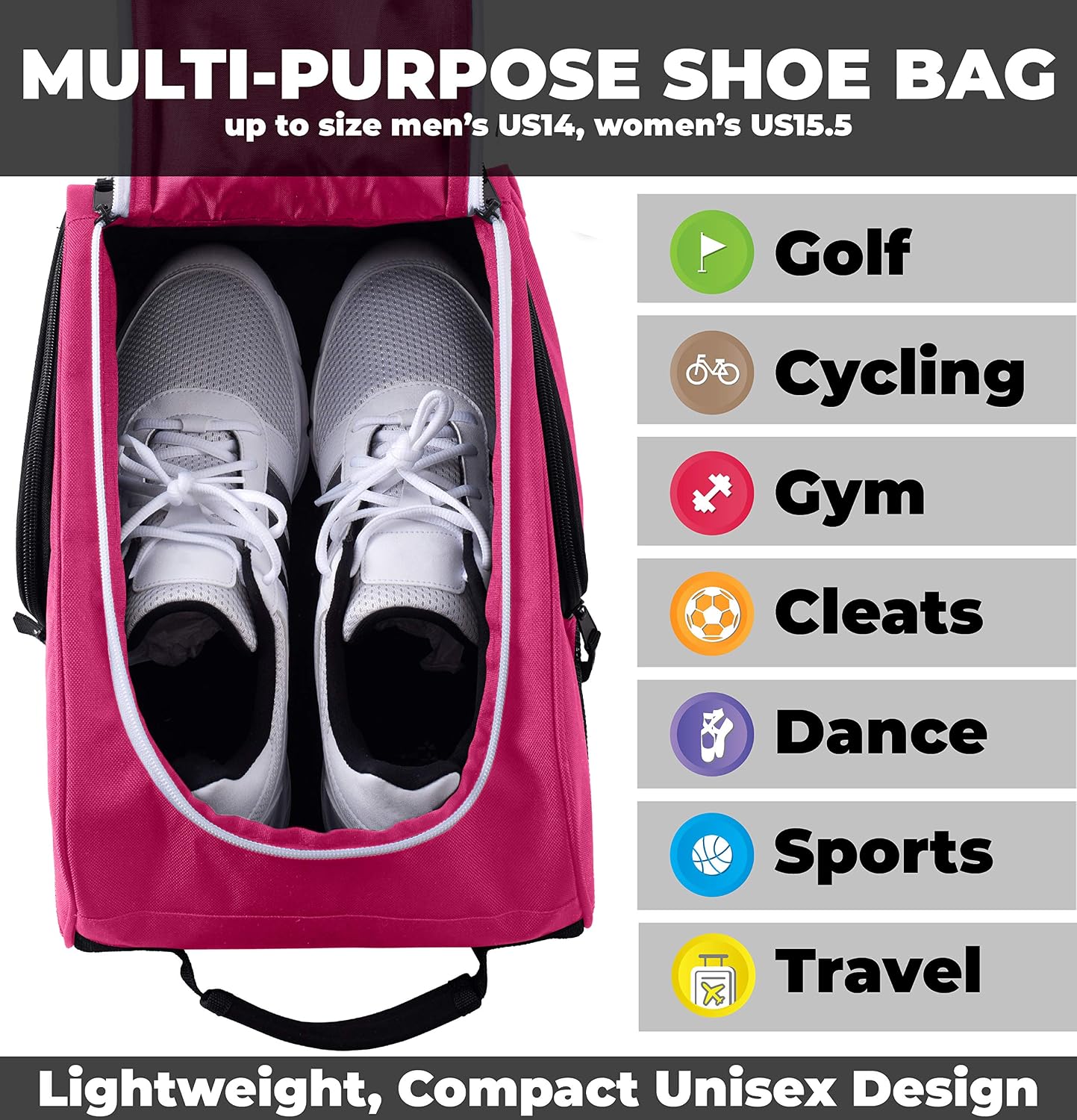 Athletico Golf Shoe Bag - Zippered Shoe Carrier Bags With Ventilation & Outside Pocket for Socks, Tees, etc. (Pink)