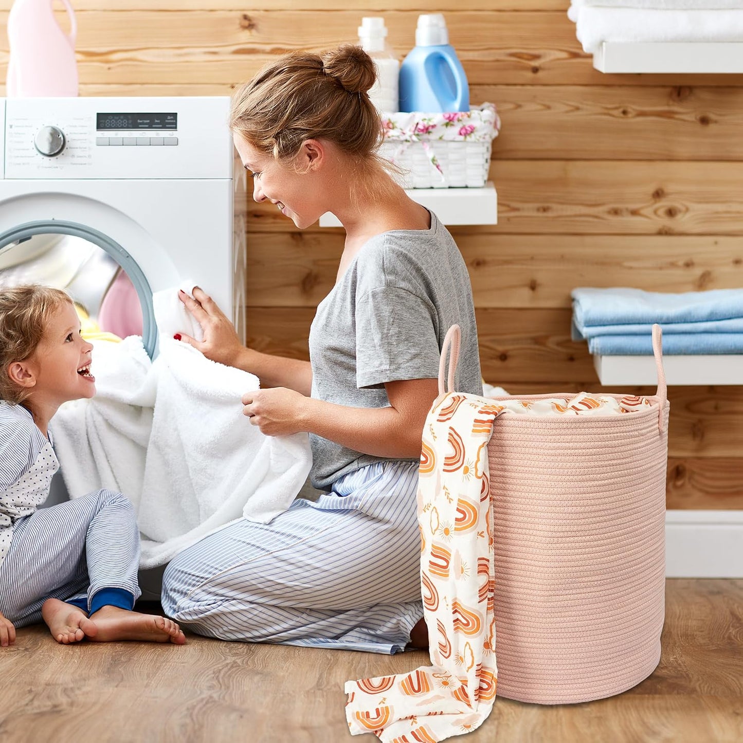 XUANGUO Cotton Rope Laundry Basket Hamper for Clothes Woven Storage Basket for Living Room Bedroom Boho Tall Rope Baskets for Blanket Toys Pillow Towels Baby Nursery Hamper Bin coral pink