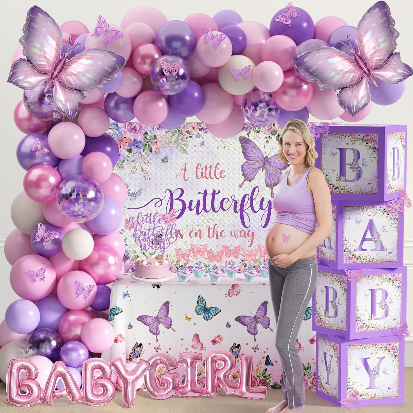 TREWAVE Butterfly Baby Shower Decorations for Girls A Little Butterfly Is On The Way Party Backdrop Cake Toppers Stickers Pink Purple Balloons Boxes for Girl Birthday Baby Shower Decor