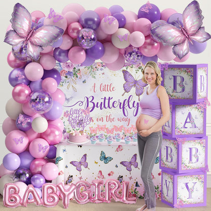 TREWAVE Butterfly Baby Shower Decorations for Girls A Little Butterfly Is On The Way Party Backdrop Cake Toppers Stickers Pink Purple Balloons Boxes for Girl Birthday Baby Shower Decor