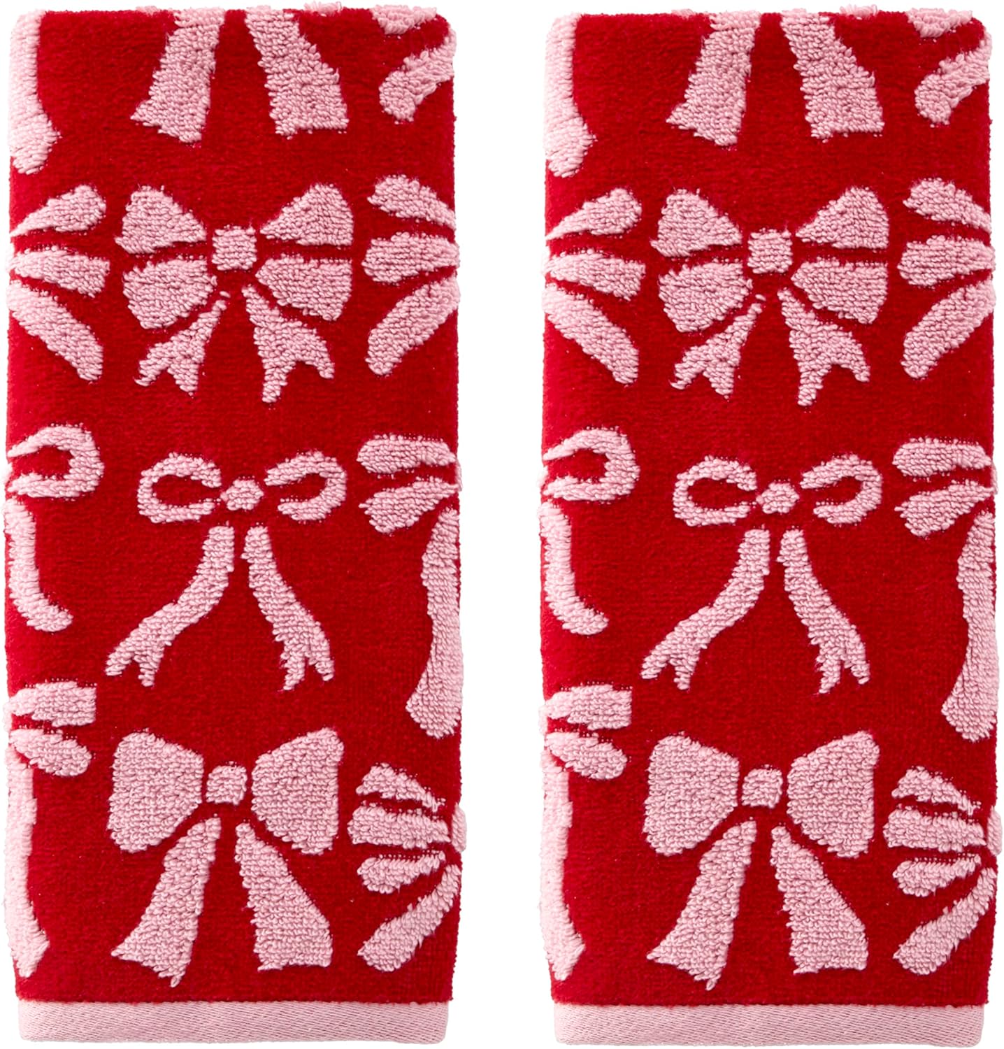 SKL Home Bow Jacquard 100% Cotton Premium 2-Piece Hand Towel Set, 500 GSM, Reversible, Soft & Absorbent, Everyday/Christmas/Winter/Valentine's, Decorative for Bath/Kitchen/Bar, Red/Pink