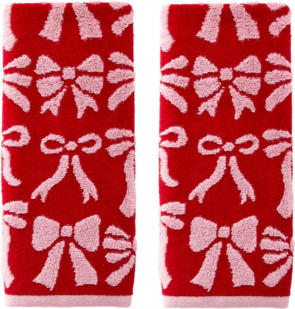 SKL Home Bow Jacquard 100% Cotton Premium 2-Piece Hand Towel Set, 500 GSM, Reversible, Soft & Absorbent, Everyday/Christmas/Winter/Valentine's, Decorative for Bath/Kitchen/Bar, Red/Pink