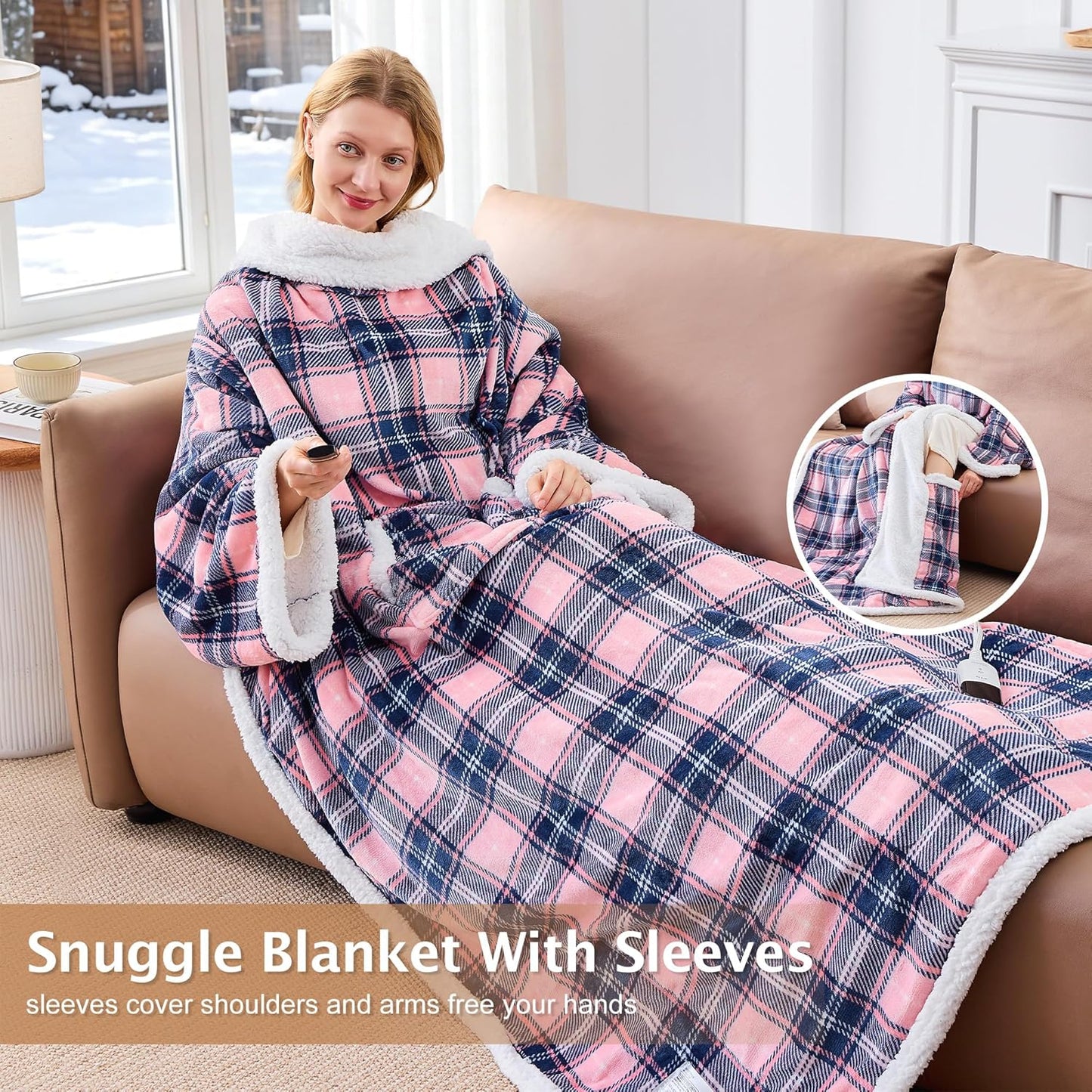 Electric Heated Blanket Wearable Throw with Foot Pocket & Front Pouch – 6 Heat Settings, 4H Auto-Off, Reversible Flannel & Sherpa, Oversized 52"x72" Heated Blanket for Bed or Couch, Pink Plaid