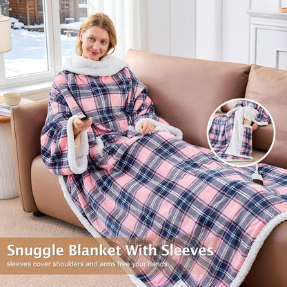 Electric Heated Blanket Wearable Throw with Foot Pocket & Front Pouch – 6 Heat Settings, 4H Auto-Off, Reversible Flannel & Sherpa, Oversized 52"x72" Heated Blanket for Bed or Couch, Pink Plaid