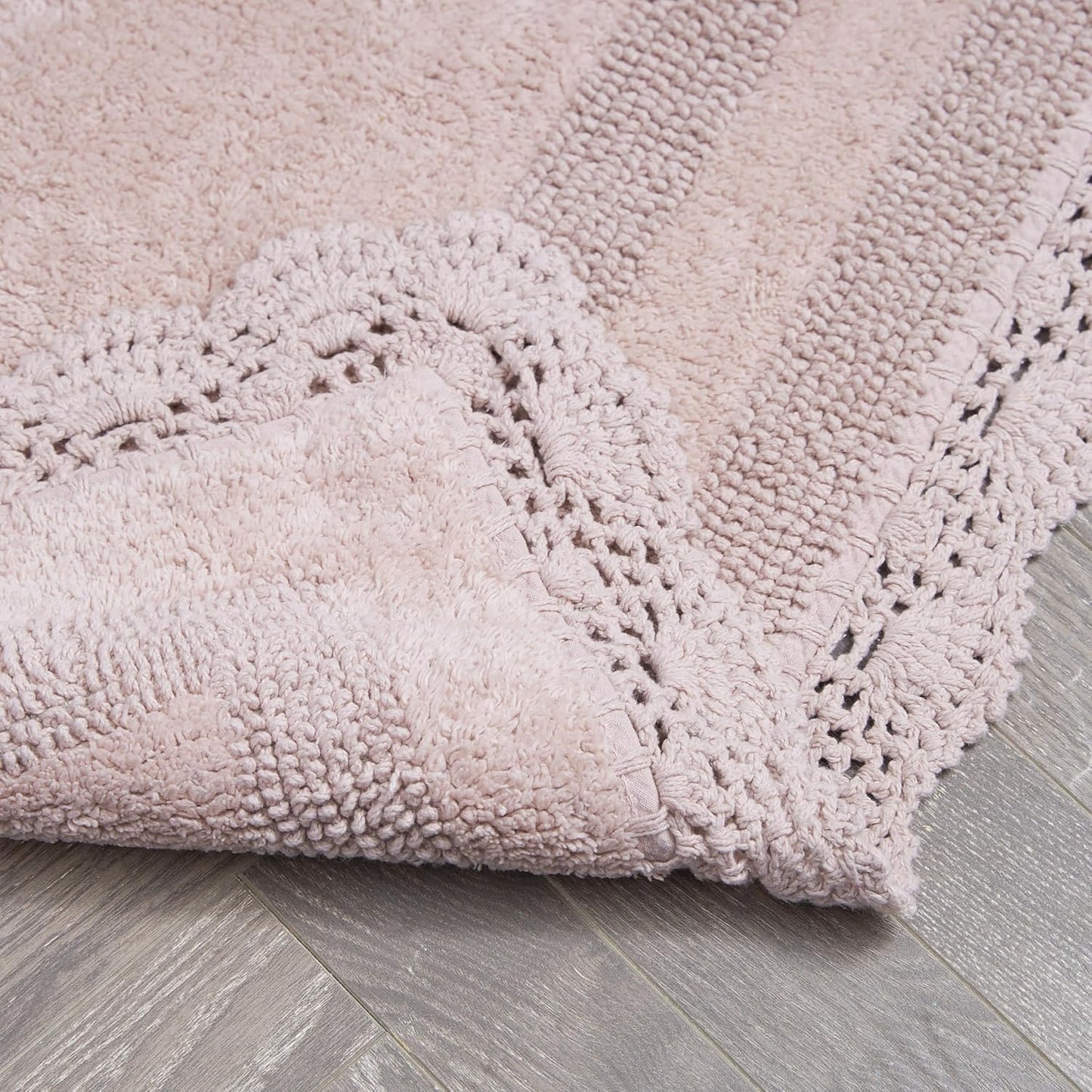 Laura Ashley Absorbent Bath Mat Reversible Crochet Soft and Plush Bathroom Mat 100% Cotton 24x40 Bath Rug, Blush Pink