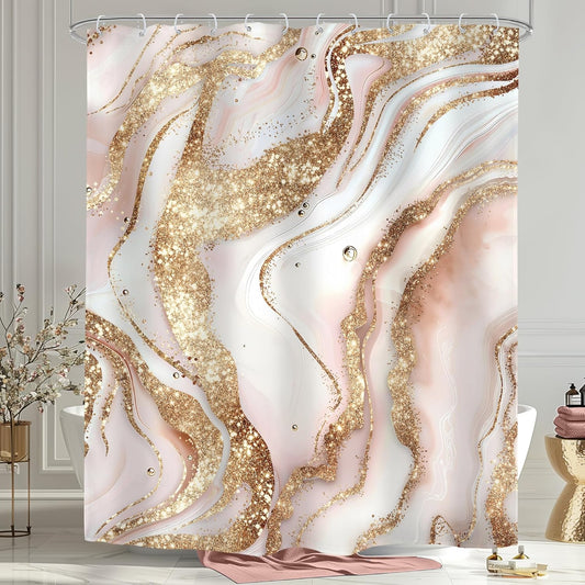 Omifly Abstract Pink Gold Marble Shower Curtain 60Wx72H Inch Modern Minimalist Girls Fluid Ink Texture Golden Luxury Cracked Lines with 12 Plastic Hooks Fabric Waterproof Toilet Accessories Decor