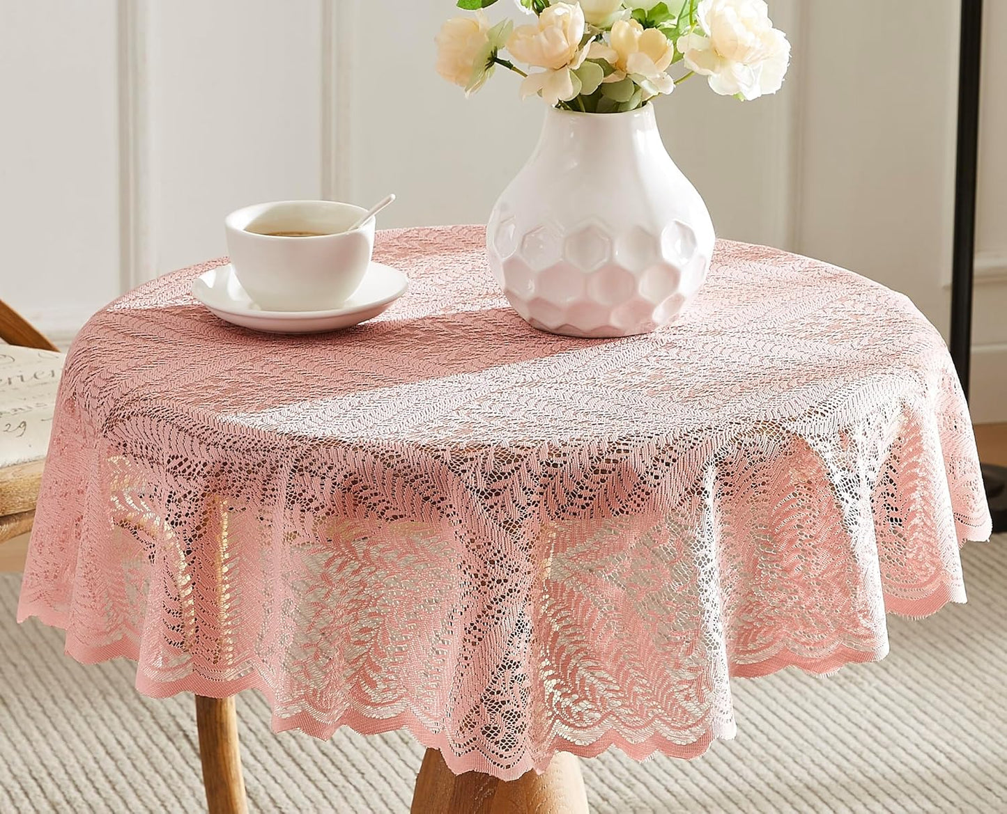 Warm Home Designs Pink 36 Inch Round Lace Tablecloth. AME Blush Round 36 | Round Lace Tablecloth with Large Leaves. Floral Table Cloth, Rustic Overlay or Boho Table Cover for Farmhouse Kitchen.