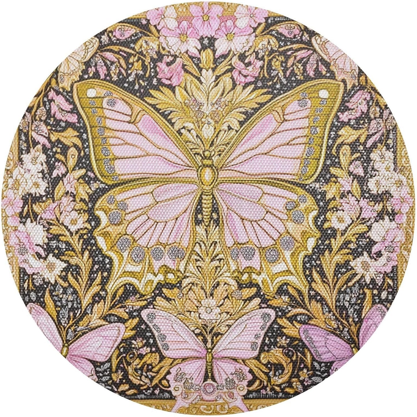 Retro Butterflies Pattern Gold and Peach Round placemates Reversible Quilted placemat Washable Plastic placemats placemats for Dining Table Waterproof placemat Place Settings for 6 for