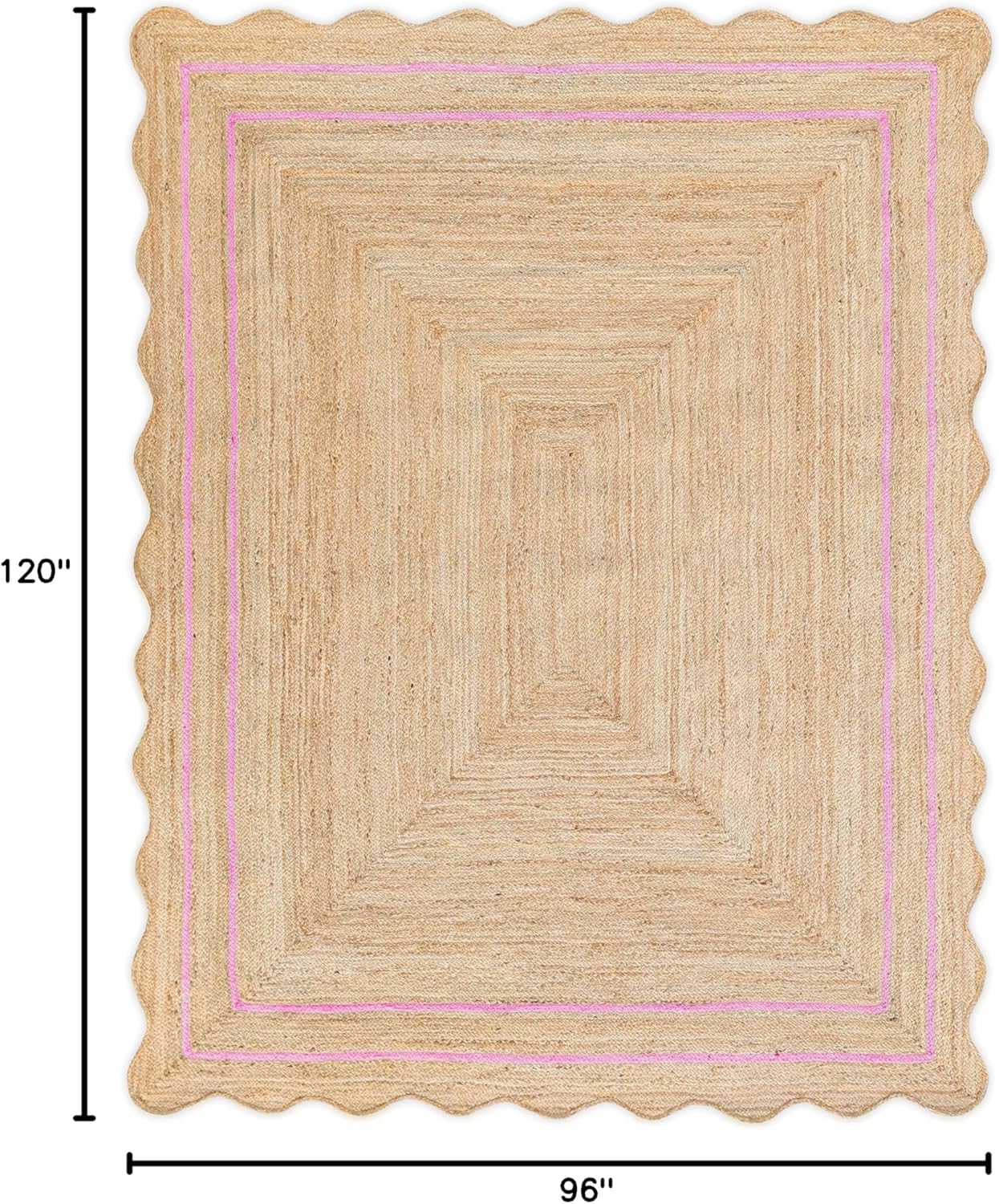 Wave Scalloped Natural Jute Rug - Boho Entryway Runner, Farmhouse Scallop, Light Pink (8'x10')