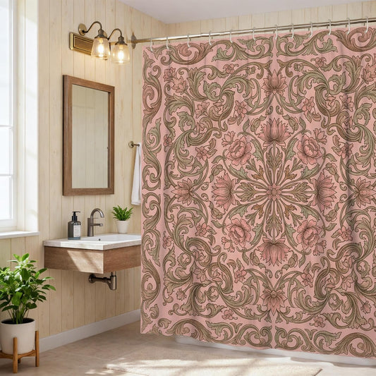 Floral Shower Curtain, Vintage Elegant Ornamental Swirl Spring Peach Waterproof Fabric Design Print Bath Curtains for Bathroom Toile Guest Room Decor 72x84 Inch