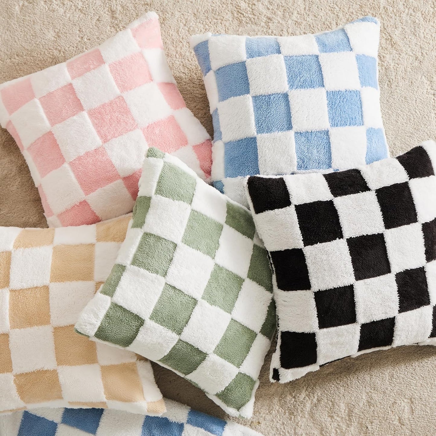 Ohocut Checkered Jacquard Shag Throw Pillow Covers, Pack of 2 Fluffy Pink Cute Decorative Girly Women Aesthetic Soft Checkered Throw Pillow Cases for Couch Sofa Bedroom,18x18 Inch