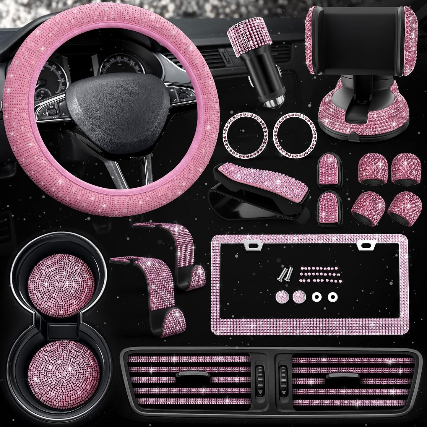 Pink Car Accessories Set, 27 Pieces – Bling Car Accessories for Interior Styling with Rhinestone Details for Daily Use, Universal Fit Kit for Steering Wheel, Vents, Mirror Area, Great Gift for Women